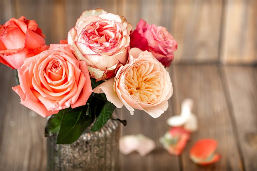Beautiful roses of different colors in a vase on a wooden background